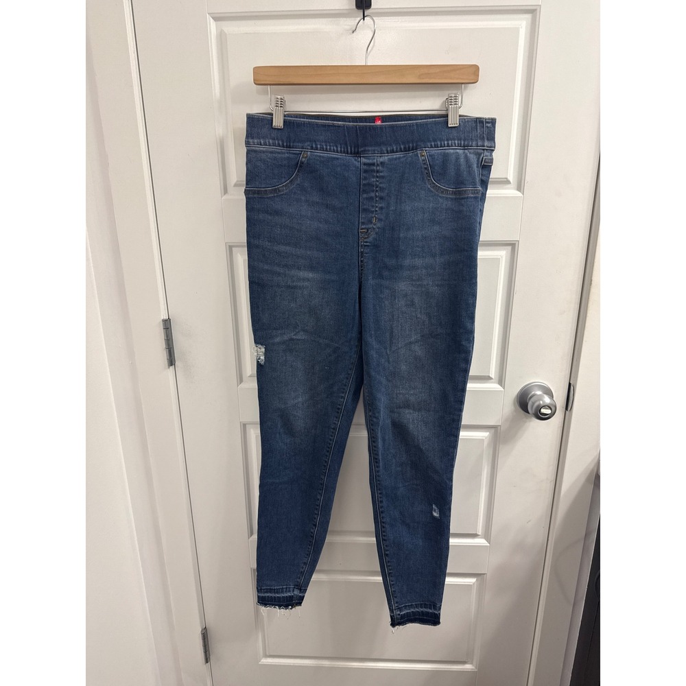 Spanx Jean-ish Ankle Skinny Leggings Distressed Raw Hem Medium Wash Denim XL
